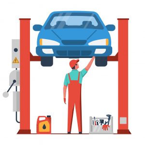 Animated design of mechanic looking under a car on a ramp