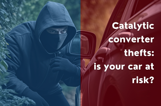 Shows man in hoodie with face covering hiding and looking suspicious. Text reads "Catalytic converter thefts: is your car at risk?"