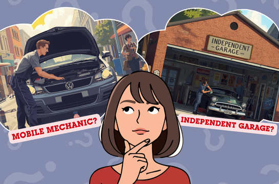 cartoon woman thinking about whether to choose a mobile mechanic or independent garage